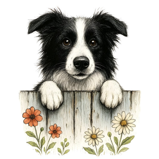 black and white dog, border collie, dog portrait, floral, daisies, orange flowers, white flowers, nature, animals, pets, garden, farmhouse, rustic, whimsical, cottage style, spring, summer, charming, detailed illustration, wooden fence, cream, tan, green leaves, buds, sweet, adorable, dog lover, animal lover, wall hanging, home decor