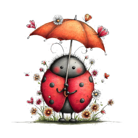 ladybug, red, orange, coral, black, whimsical, nature, insects, flowers, daisies, butterflies, spring, summer, cute, children, baby, garden, floral, charming, playful, illustration, storybook, animal, parasol, umbrella, rain, cheerful, folk art, woodland, pastoral
