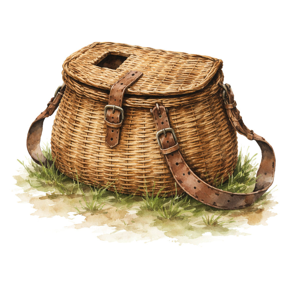 wicker basket, tan, brown, natural, beige, cream, grass, vintage, rustic, farmhouse, countryside, pastoral, nature, outdoor, picnic, cottage core, traditional, nostalgic, leather straps, woven, textile art, landscape, watercolor, botanical, travel, adventure, heritage