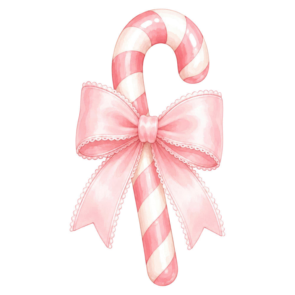 candy cane, peppermint, pink and white, coral pink, striped, holiday, christmas, festive, bow, ribbon, lace trim, beaded edge, sweet treat, confection, vintage, elegant, whimsical, winter, seasonal, christmas decoration, traditional, romantic, feminine, dessert theme, candy themed, pearl details, scalloped edge, gift wrap style, holiday decor