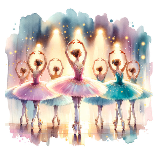 watercolor style, ballet dancers, tutus, stage lights, pink tones, teal blue, purple hues, sparkles, glitter effects, performance scene, graceful poses, en pointe, fabric panel, quilting cotton, dance theme, artistic illustration, soft pastels, dreamy atmosphere, reflective floor, spotlight beams