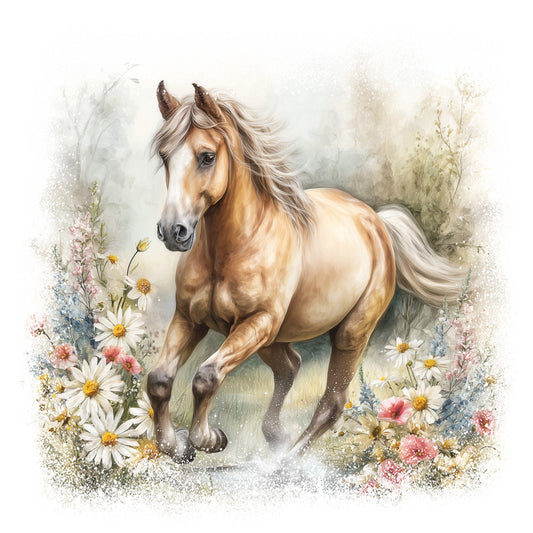 horse, palomino, golden brown, cream, white, pink flowers, daisies, wildflowers, floral border, galloping horse, flowing mane, fabric panel, quilting cotton, watercolor style, soft pastels, nature scene, spring flowers, equestrian, gentle mood, artistic rendering
