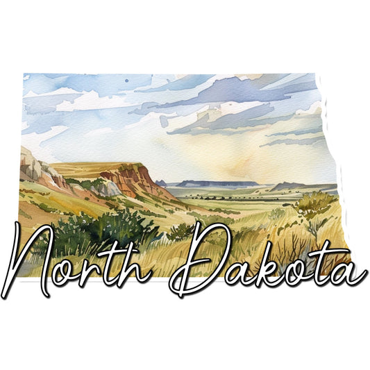 north dakota, landscape, scenic, watercolor, prairie, grassland, buttes, mesa, badlands, wheat field, plains, sky, clouds, countryside, rural, vintage, americana, travel, state pride, earth tones, tan, beige, gold, sage green, blue sky, cream, golden wheat, rustic, traditional, nostalgic