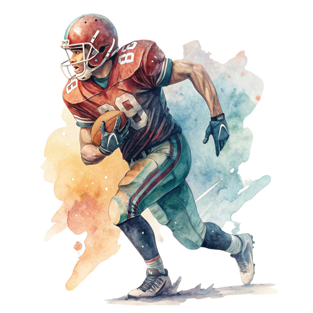 football, sports, watercolor, abstract, burgundy, maroon, teal, navy blue, cream, tan, rust orange, athlete, male figure, action pose, watercolor wash, splatter, modern, dynamic, masculine, touchdown, receiver, jersey number, sports fan, game day, illustration style, contemporary art, bold colors, gradient blend