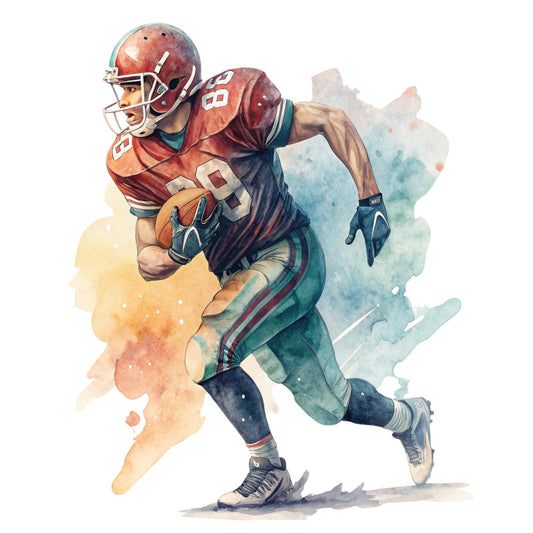 football, sports, watercolor, abstract, burgundy, maroon, teal, navy blue, cream, tan, rust orange, athlete, male figure, action pose, watercolor wash, splatter, modern, dynamic, masculine, touchdown, receiver, jersey number, sports fan, game day, illustration style, contemporary art, bold colors, gradient blend