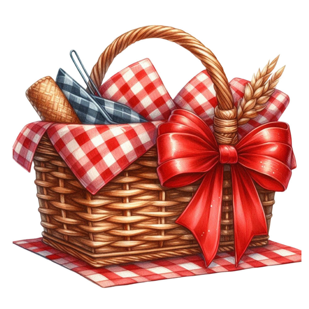 red and white gingham, woven basket, picnic theme, farmhouse style, rustic, country charm, wheat sheaves, red bow, checkered cloth, traditional, vintage, harvest, kitchen decor, table runner, basket weave, cottage core, red plaid, cream white, warm brown, decorative bow, kitchen textile, home decor, classic farmhouse, picnic basket, gingham check, natural woven, rustic charm, seasonal