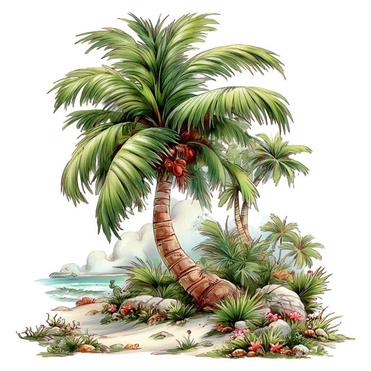 tropical palm, beach scene, coastal, sand, ocean, water, turquoise blue, sage green, cream, coral pink, red flowers, botanical, nature, island, paradise, whimsical, illustrated, vintage botanical, floral, palm trees, beach flowers, summer, tropical flowers, scenic panel, decorative, illustrative style, seaside, lush foliage