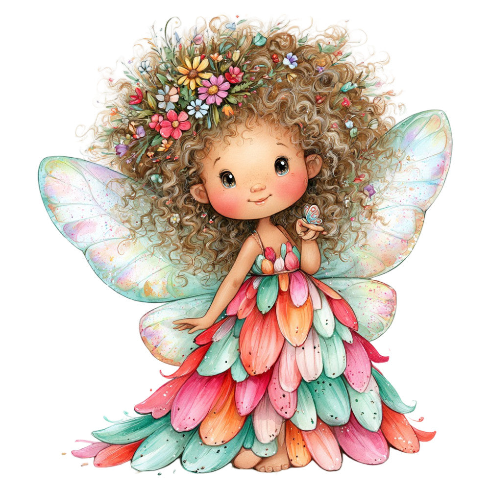 fairy, whimsical, flower fairy, garden fairy, iridescent wings, pastel colors, soft pink, coral pink, mint green, sage green, peachy orange, golden yellow, purple flowers, floral crown, nature-inspired, spring, summer, fantasy, magical, children's, whimsy, botanical, colorful, delicate, dreamy, enchanted, fairy wings, flower dress, butterfly, baby quilt