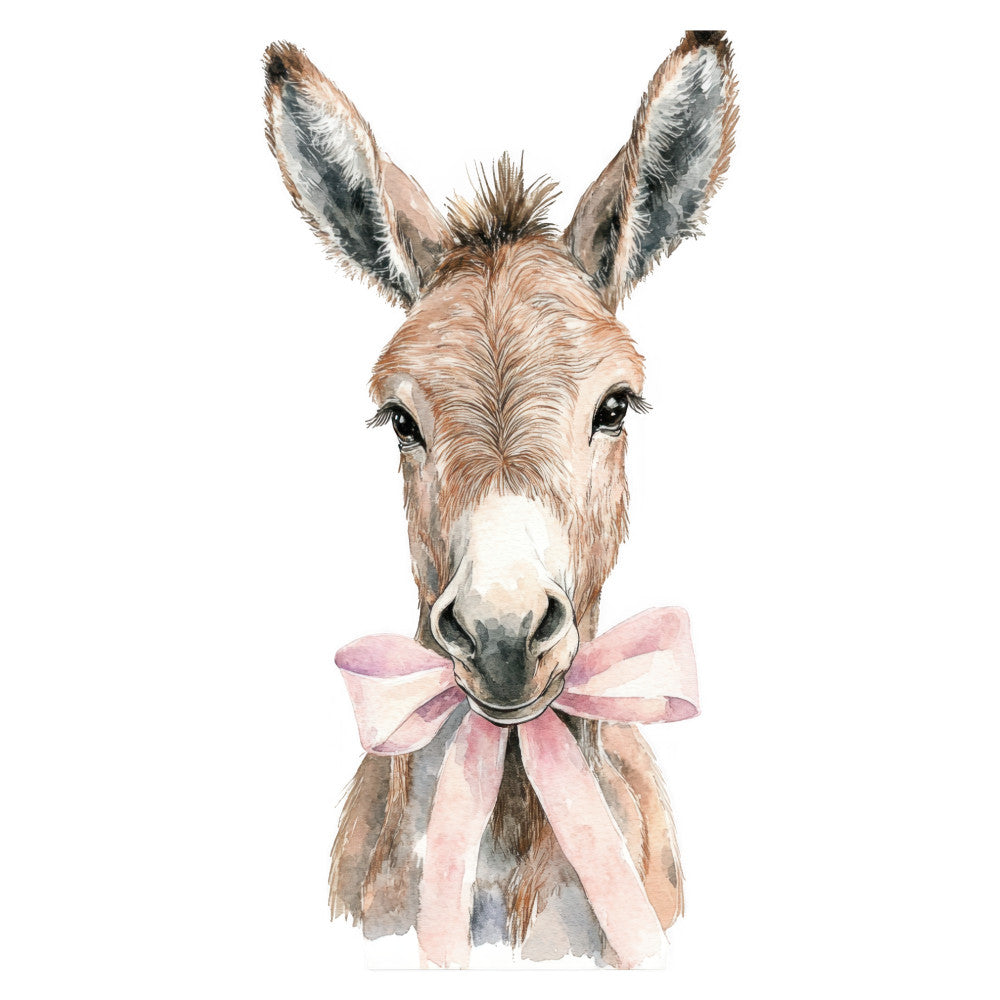 donkey, pink bow, nursery, whimsical, baby, children's, animal portrait, farmhouse, spring, pastel pink, tan, beige, cream, gray, watercolor, gentle, sweet, cute, kids decor, storybook, soft, delicate, ribbon bow, livestock, countryside, wall art, baby shower, gender neutral, illustrated animals