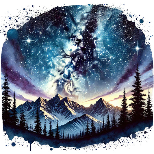 navy blue, teal, purple, white, starry night sky, mountain landscape, evergreen trees, cosmic clouds, celestial design, fabric panel, quilting cotton, wilderness scene, alpine peaks, forest silhouettes, galaxy pattern, winter mountains, nature themed, dramatic sky, watercolor style, outdoor adventure