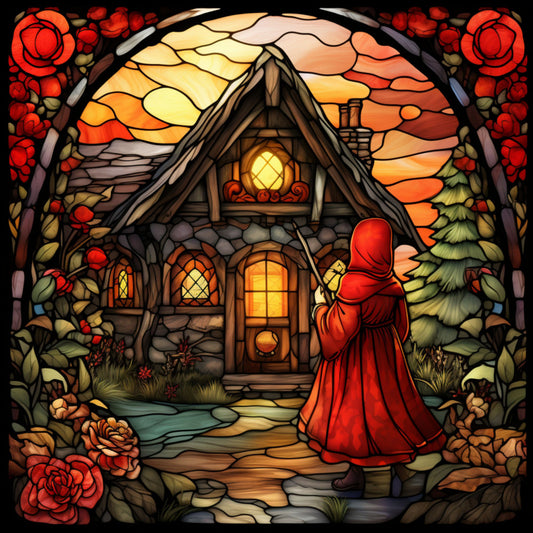 little red riding hood, stained glass style, fairy tale, red cloak, cottage, stone house, warm sunset, orange sky, red roses, floral border, woodland scene, fabric panel, quilting cotton, children's story, fantasy art, golden windows, evergreen tree, story book illustration, whimsical design, art nouveau style