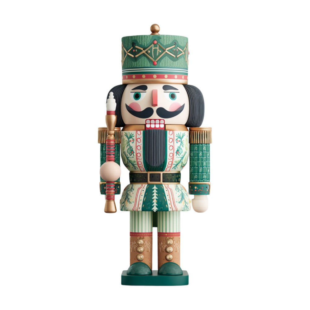 nutcracker, holiday, christmas, traditional, whimsical, forest green, cream, red, gold, brown, geometric patterns, floral motifs, evergreen, festive, vintage, classic, decorative, soldier, toy soldier, winter, seasonal, home decor, wall hanging, ornamental, victorian, folk art, striped, embellished