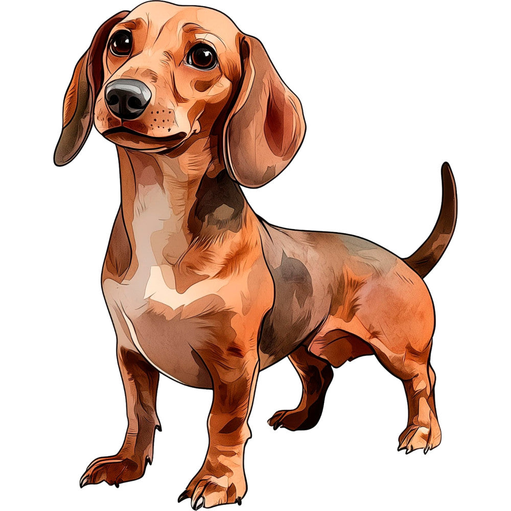 dachshund, dog, wiener dog, rust brown, tan, cream, chocolate brown, reddish-brown, animal, pet, cute, whimsical, playful, portrait, puppy, long-haired dog, floppy ears, illustration, realistic, detailed, children's, kid-friendly, novelty, character, baby, adorable, friendly, warm tones, earthy colors