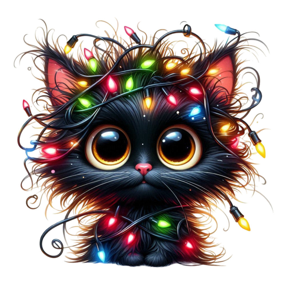 black cat, golden eyes, colorful lights, christmas lights, holiday, festive, whimsical, magical, dark background, red lights, green lights, blue lights, yellow lights, cat face, cute cat, animal, playful, modern, illustration, fantasy, enchanted, winter, decorative, wall hanging, cat lover, vibrant colors, charming, fun