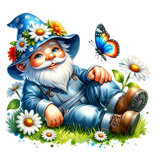 spring gnome, garden gnome, blue overalls, white beard, floral hat, daisy flowers, butterfly, colorful wings, grass patch, brown boots, whimsical character, cheerful expression, fabric panel, quilting cotton, spring theme, garden scene, bright colors, orange accents, green leaves, sitting pose