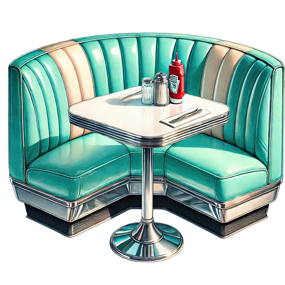 turquoise, mint green, cream, vintage, retro, 1950s, diner, chrome, metallic, booth seating, mid-century modern, nostalgic, americana, kitchen, restaurant, iconic, classic, elegant, stylized illustration, architectural, interior design, home décor, wall art, aesthetic print, trendy, contemporary illustration, teal and cream, geometric base, modern vintage, statement piece
