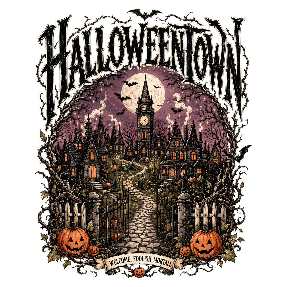 halloween, haunted house, spooky, pumpkins, jack-o-lantern, full moon, bats, gothic, dark purple, cream, orange, black, witchy, eerie, creepy, autumn, fall, horror, vintage halloween, victorian, castle, graveyard gates, skeleton, twisted branches, dark academia, trick-or-treat, october, seasonal, wall hanging, home decor