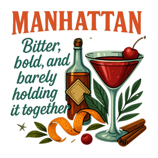 red, orange, green, brown, cocktail glass, whiskey bottle, cherry garnish, orange peel, cinnamon stick, leaves, manhattan cocktail, fabric panel, quilting cotton, beverage theme, bar motif, drink recipe, illustrated style, kitchen decor, alcohol themed, craft panel