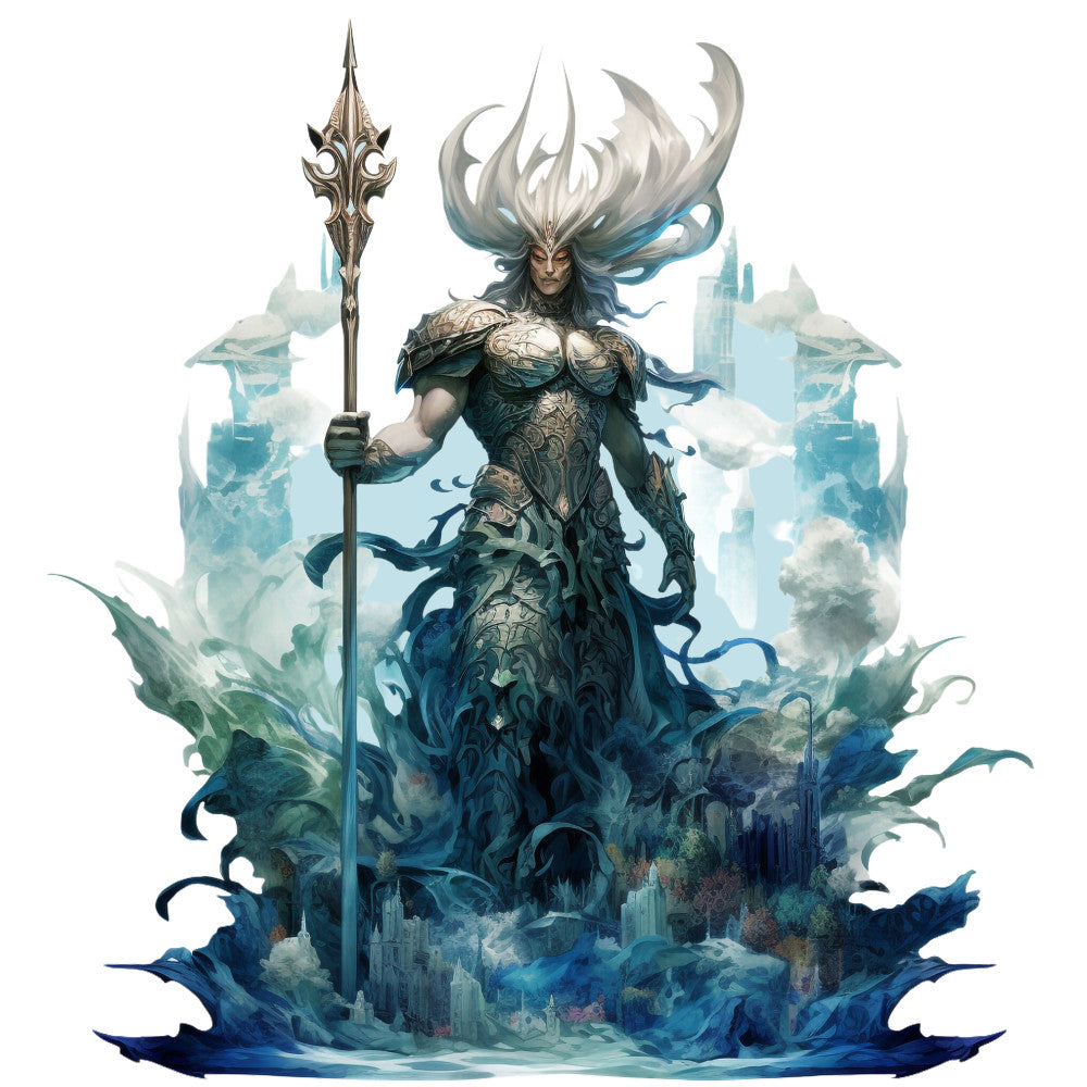 aqua blue, teal, white, silver, ocean waves, sea goddess, mermaid warrior, ornate armor, flowing hair, trident staff, water splashes, fantasy art, mystical, ethereal, fabric panel, quilting cotton, marine theme, underwater castle, decorative swirls, majestic figure