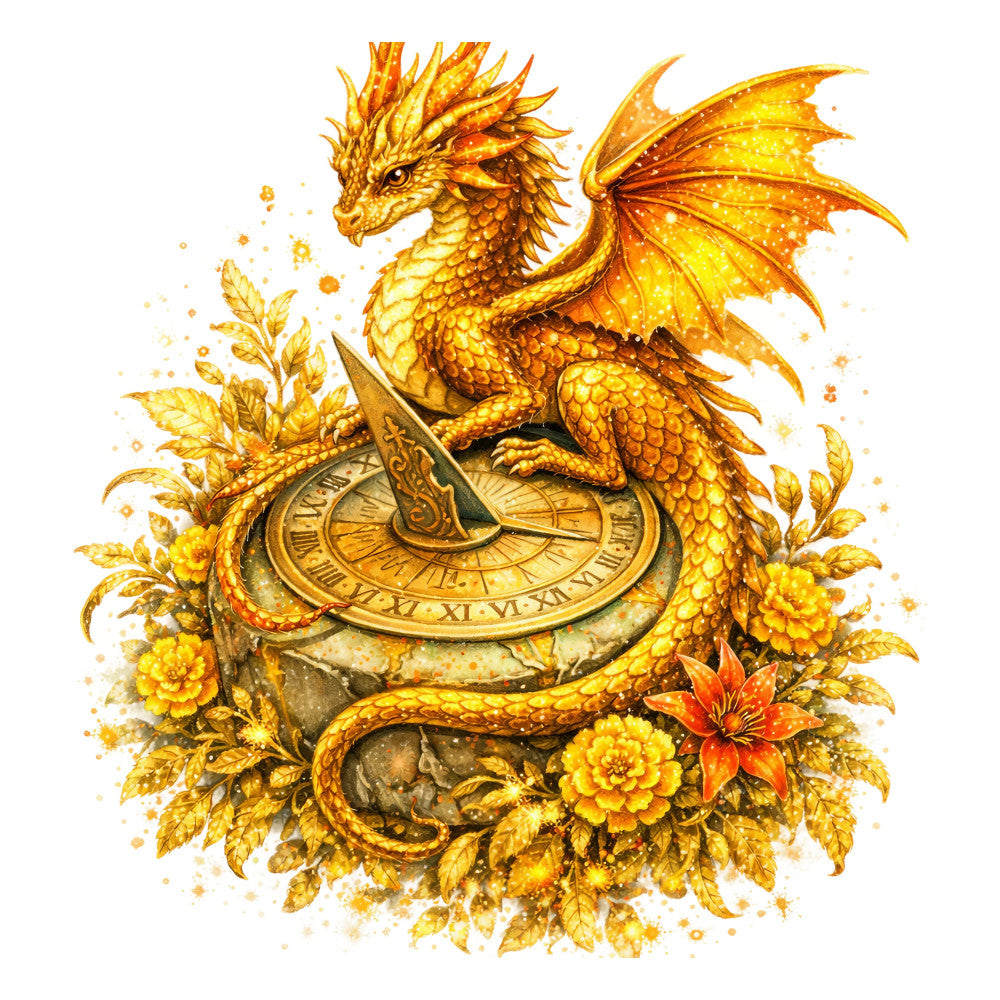 gold dragon, golden yellow, burnt orange, cream, fantasy dragon, mythical creature, celestial theme, sundial, clock face, floral border, marigold flowers, lily flowers, autumn foliage, leaf motifs, ornate design, elegant style, whimsical theme, steampunk aesthetic, time themed, nature inspired, metallic gold, jewel tones, magical creatures, decorative border, wall hanging, art panel, fantasy themed, vintage inspired, intricate details