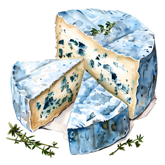 blue cheese, gorgonzola, bleu cheese, culinary, food illustration, cream, ivory, sage green, teal blue, watercolor, realistic, gourmet, kitchen, food art, chef, cooking, artisan cheese, mold veining, cheese board, food themed, botanical, thyme, herbs, farmhouse, rustic elegant, culinary arts, food lover, kitchen décor