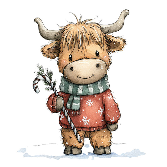 Vintage Christmas Highland Cows Fabric Panel 10