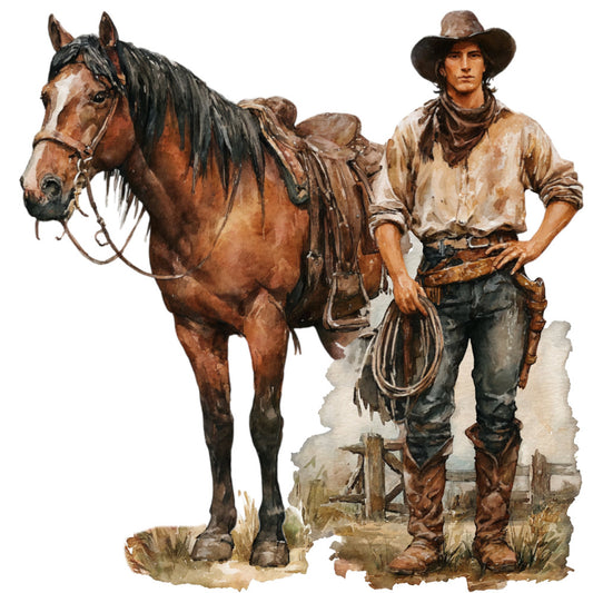 cowboy, western, rustic, vintage, horse, ranch, brown, tan, cream, beige, dust brown, dark brown, black, portrait, figure, men, traditional, americana, country, folk art, illustration, watercolor, scenic, landscape, boots, hat, rope, lasso, old west, settlement