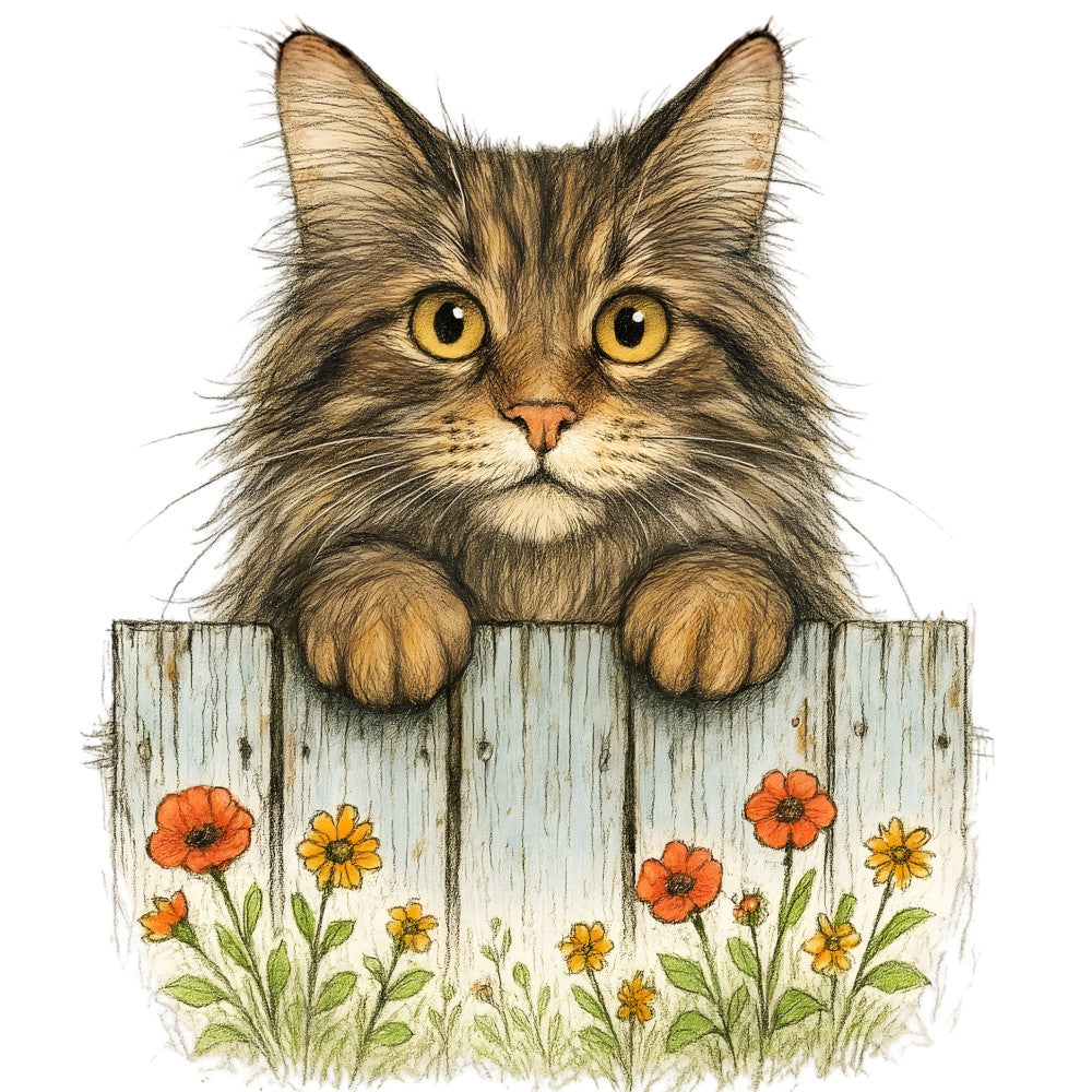 cat, tabby cat, fluffy cat, long-haired cat, golden yellow eyes, amber eyes, wooden fence, weathered wood, rustic fence, orange flowers, yellow flowers, wildflowers, poppies, daisies, garden flowers, spring flowers, summer flowers, nature, animals, whimsical, farmhouse, rustic, charming, cottage core, storybook, children's illustration, wall hanging, panel quilt, cream white, soft green