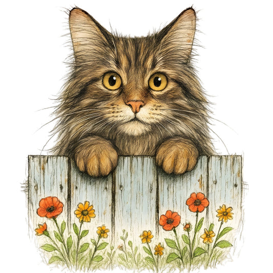 cat, tabby cat, fluffy cat, long-haired cat, golden yellow eyes, amber eyes, wooden fence, weathered wood, rustic fence, orange flowers, yellow flowers, wildflowers, poppies, daisies, garden flowers, spring flowers, summer flowers, nature, animals, whimsical, farmhouse, rustic, charming, cottage core, storybook, children's illustration, wall hanging, panel quilt, cream white, soft green