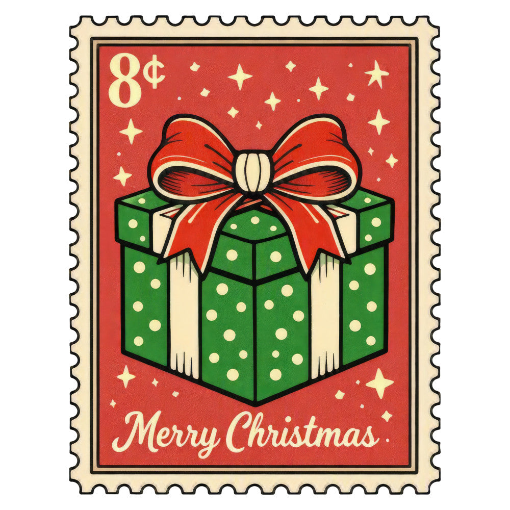red, cream, forest green, holiday, christmas, vintage, retro, geometric, gift box, bow, stars, sparkles, whimsical, festive, traditional, nostalgic, mid-century, polka dots, seasonal, winter, celebration, postage stamp, decorative, elegant, cheerful, classic design, red ribbon, green present, cream accents, timeless