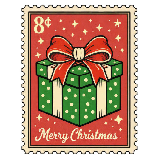red, cream, forest green, holiday, christmas, vintage, retro, geometric, gift box, bow, stars, sparkles, whimsical, festive, traditional, nostalgic, mid-century, polka dots, seasonal, winter, celebration, postage stamp, decorative, elegant, cheerful, classic design, red ribbon, green present, cream accents, timeless