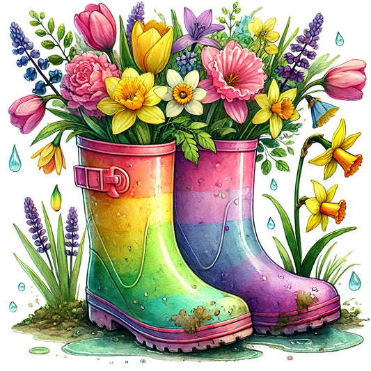 rainbow boots, floral, spring, colorful, tulips, daffodils, daisies, lavender, pink, yellow, purple, green, blue, whimsical, nature, garden, rain boots, waterdrops, butterflies, botanical, bright, vibrant, cottage core, children's, nursery, spring flowers, multi-color gradient, rain theme, puddles