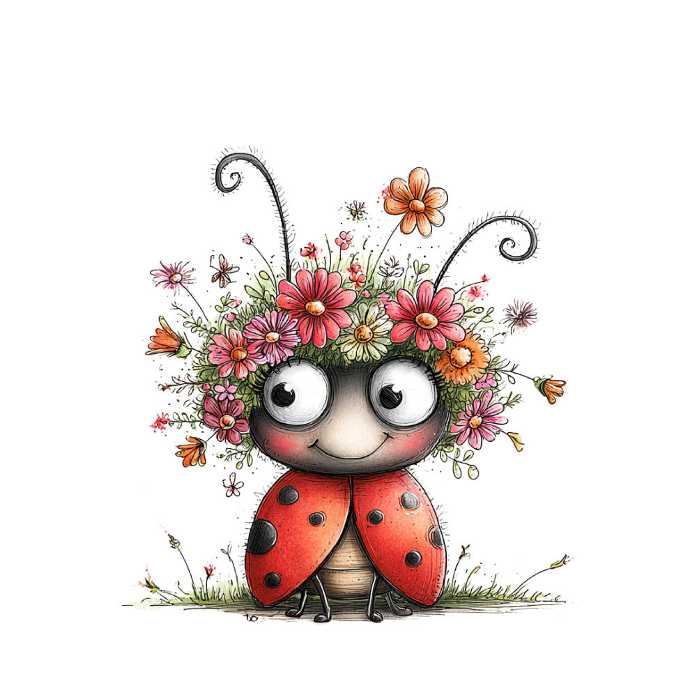 ladybug, whimsical, floral, nature, animals, insects, red, coral, orange, pink, green, gold, spring, summer, garden, cute, children, kids, playful, decorative, botanical, flowers, daisies, charming, cheerful, illustration, storybook, woodland, panel design, nursey