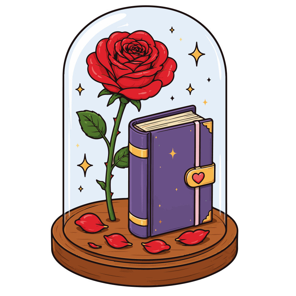 red rose, purple book, gold accents, romantic, whimsical, fairy tale, beauty and the beast, enchanted, magical, stars, sparkles, literary, vintage style, elegant, nostalgic, love, heart motif, petals, dark purple, cream, brown base, belle inspired, storybook, fantasy, belle's library, dreamy, timeless, classic literature, enchanted rose