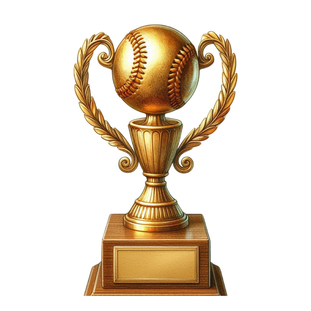 gold, bronze, metallic gold, sports, baseball, trophy, award, victory, champion, winning, achievement, success, competition, elegant, vintage, classical, decorative, laurel wreath, ornamental, formal, traditional, masculine, boy, man, adult, sports fan, baseball fan, medal, commemorative, celebratory