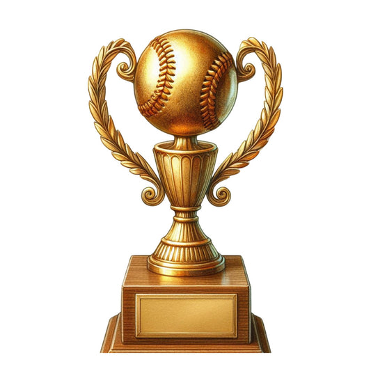 gold, bronze, metallic gold, sports, baseball, trophy, award, victory, champion, winning, achievement, success, competition, elegant, vintage, classical, decorative, laurel wreath, ornamental, formal, traditional, masculine, boy, man, adult, sports fan, baseball fan, medal, commemorative, celebratory