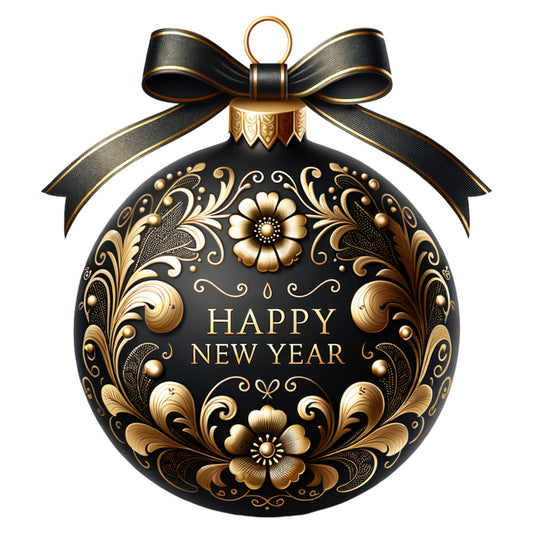 black, gold, bronze, christmas ornament, decorative bow, floral motifs, baroque patterns, scrollwork, ornate design, festive, holiday themed, fabric panel, quilting cotton, elegant style, metallic accents, winter seasonal, ornamental florals, luxurious appearance, sophisticated decor