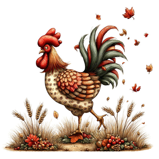 rooster, autumn, fall, harvest, farmhouse, rustic, whimsical, red, cream, tan, gold, burnt orange, green, nature, farm animals, countryside, wheat, grain, leaves, flowers, vintage, traditional, folk art, pastoral, seasonal, thanksgiving, pumpkin, berries, floral, cottage core