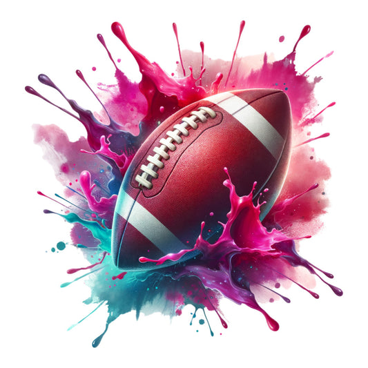 watercolor football, paint splash, magenta, purple, teal, turquoise, vibrant colors, sports theme, athletic design, fabric panel, quilting cotton, dynamic splashes, football illustration, energetic style, bright pink, deep purple, aqua blue, modern art style, sports decor, colorful splatter