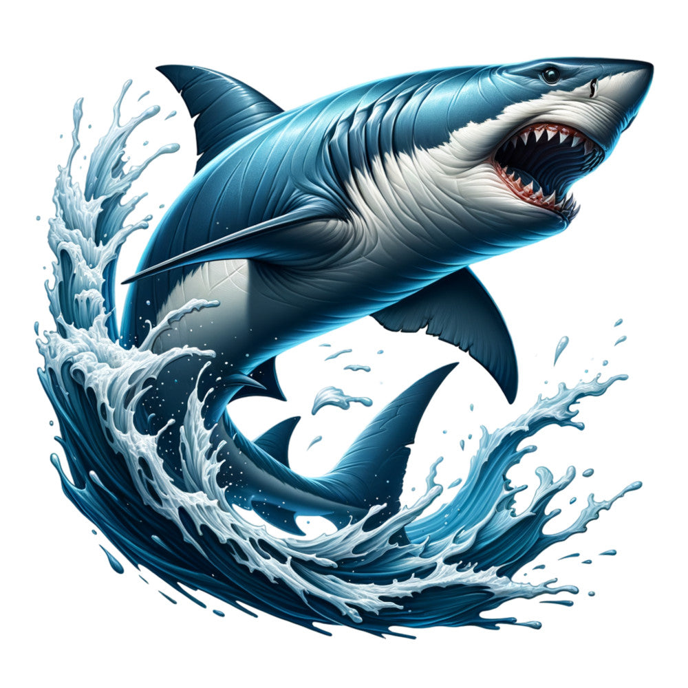 angry shark, ocean waves, water splash, navy blue, teal blue, white foam, marine animal, sea creature, open mouth, sharp teeth, fabric panel, quilting cotton, ocean theme, nautical design, predator fish, dynamic movement, splashing water, marine life, sea waves, aquatic scene