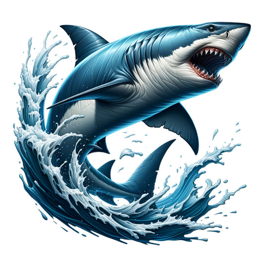 angry shark, ocean waves, water splash, navy blue, teal blue, white foam, marine animal, sea creature, open mouth, sharp teeth, fabric panel, quilting cotton, ocean theme, nautical design, predator fish, dynamic movement, splashing water, marine life, sea waves, aquatic scene