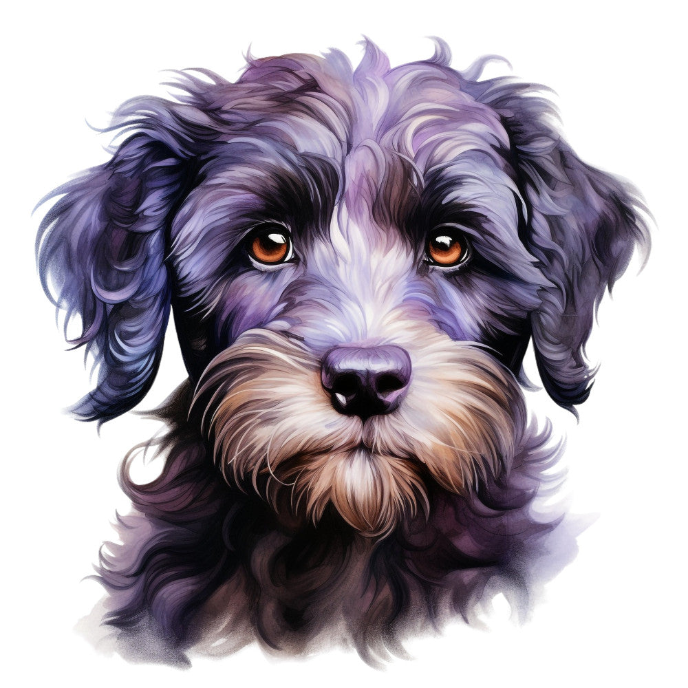 purple dog, lavender portrait, dog face, animal portrait, pet illustration, amber eyes, whimsical dog, artistic dog, schnauzer, terrier, fluffy dog, long-haired dog, bearded dog, purple and black, lavender and cream, mauve tones, violet shades, deep purple, dusty purple, light purple, animal lover, pet themed, dog breed, portrait style, realistic illustration, contemporary pet art, modern animal, whimsical style, dog lover gift, pet memorial