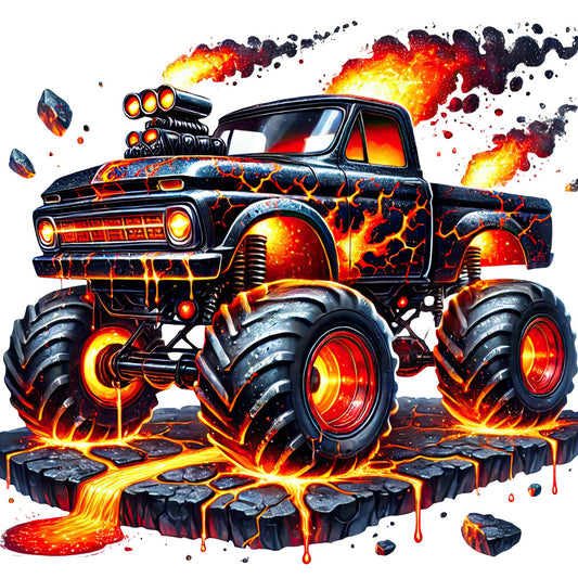 fire truck red, bright orange, golden yellow, deep black, flame orange, hot rod, monster truck, nitro burner, flaming exhaust, action, adventure, automotive, vehicle, muscle car, supercharged, explosive, high-octane, dramatic, intense, bold, edgy, modern, abstract flames, lava flow, glowing coals, dramatic sky, turbocharged, hot rod style, vintage truck, pickup truck
