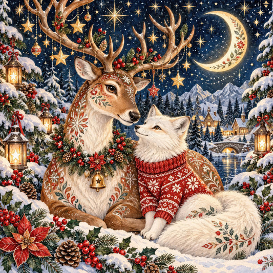 navy blue, cream, gold, red, forest green, brown, winter scene, christmas, holiday, celestial, moon, stars, deer, fox, animals, wildlife, snow, mountains, village, lanterns, poinsettia, berries, pinecones, ornaments, floral, decorative, whimsical, elegant, traditional, festive