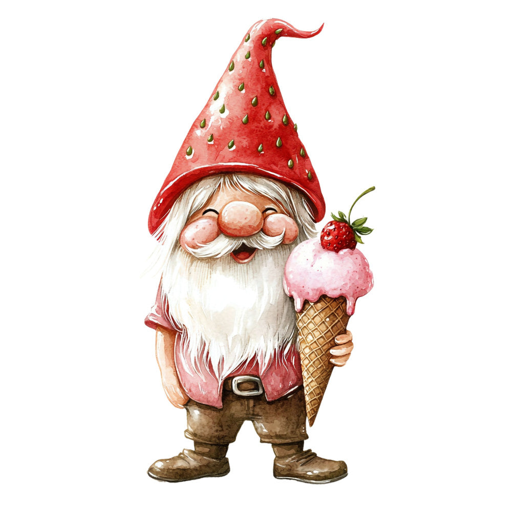 strawberry red, coral pink, cream white, tan brown, gnome, whimsical, ice cream cone, strawberry, folk art, vintage, garden gnome, holiday, decorative panel, children's, playful, cottage core, farmhouse, nature, fruit, sweet treats, pointillism texture, character illustration, storybook, nursery, Christmas, festive, doll-like, charming, cheerful