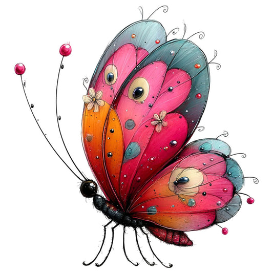 butterfly, pink, coral pink, hot pink, magenta, orange, red, teal, blue-green, whimsical, fantasy, nature, insects, decorative eyes, beaded details, metallic accents, spring, summer, children's, playful, artistic, illustration art, magical creatures, animal motif, embellished, jeweled, feminine, delicate, ornamental antennae, conversation print