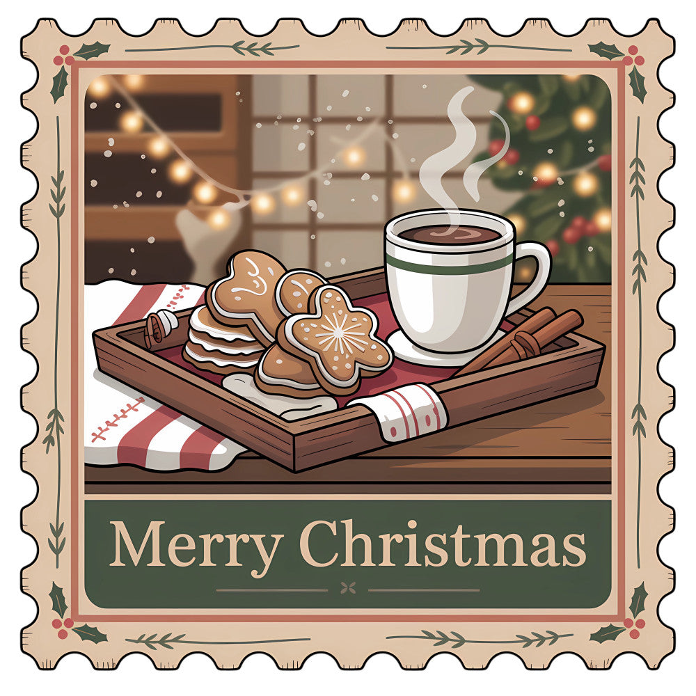 Vintage Christmas Stamps Fabric Panel 25 showing steaming coffee and Christmas cookies on tray with festive background.