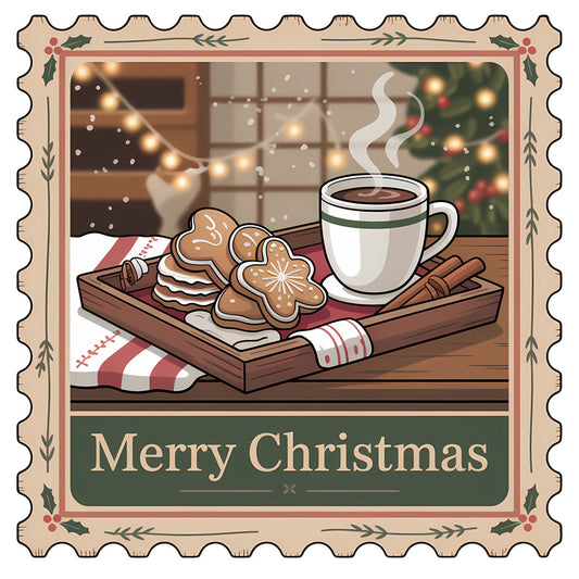 Vintage Christmas Stamps Fabric Panel 25 showing steaming coffee and Christmas cookies on tray with festive background.