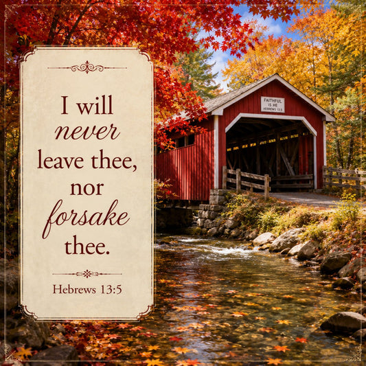 autumn, fall foliage, red leaves, golden yellow, burnt orange, cream, inspirational quote, scripture, religious, faith, covered bridge, farmhouse, rustic, vintage, nature scene, stream, forest, trees, seasonal, harvest, thanksgiving, patriotic, americana, traditional, elegant, decorative text, biblical verse, countryside, landscape, pastoral