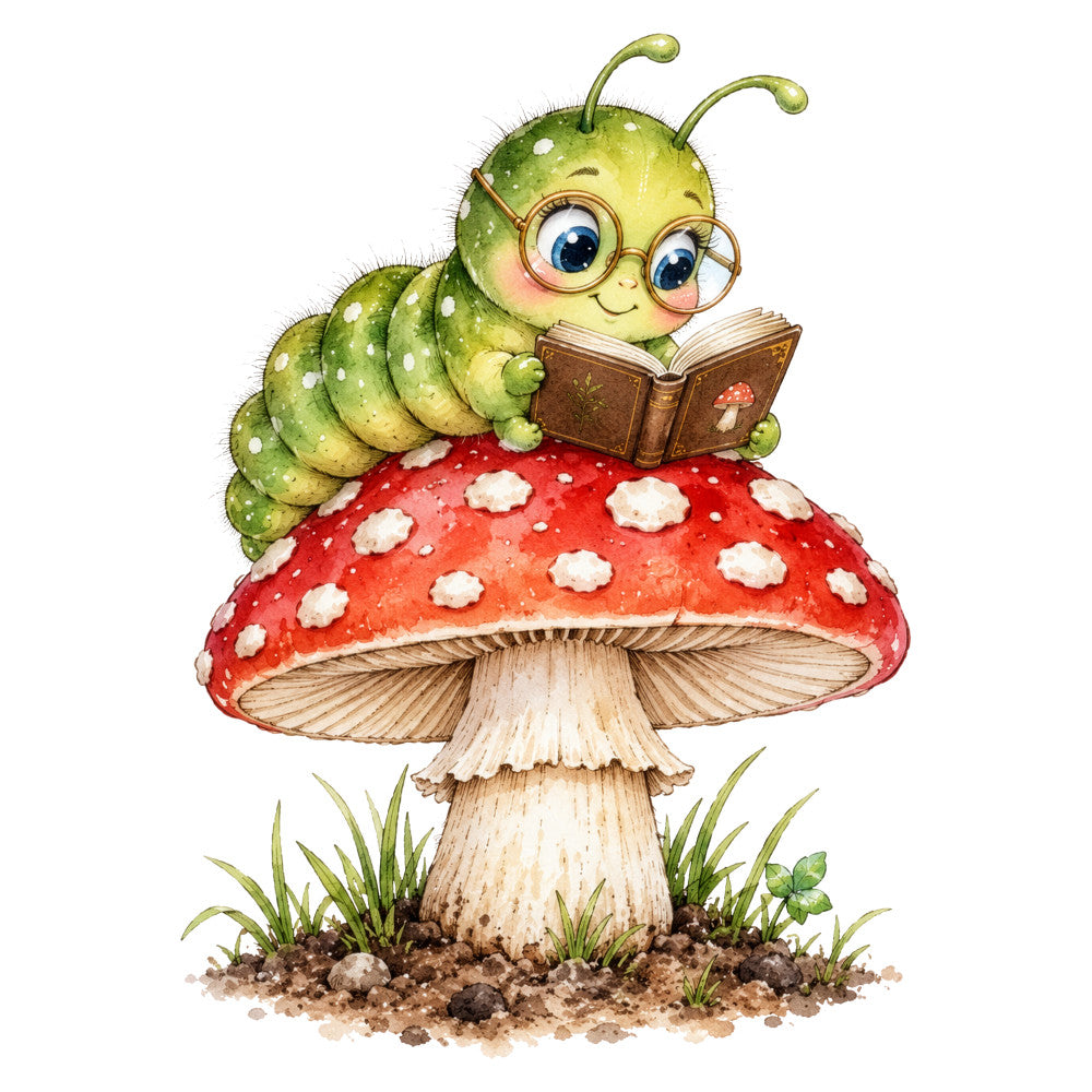 whimsical, caterpillar, mushroom, red mushroom, polka dot, gold glasses, reading, storybook, nature, woodland, forest, cream white, sage green, rust red, children's, baby, cute, charming, illustration, vintage, botanical, spring, summer, fairy tale, magical, educational, book lover, insects, garden theme